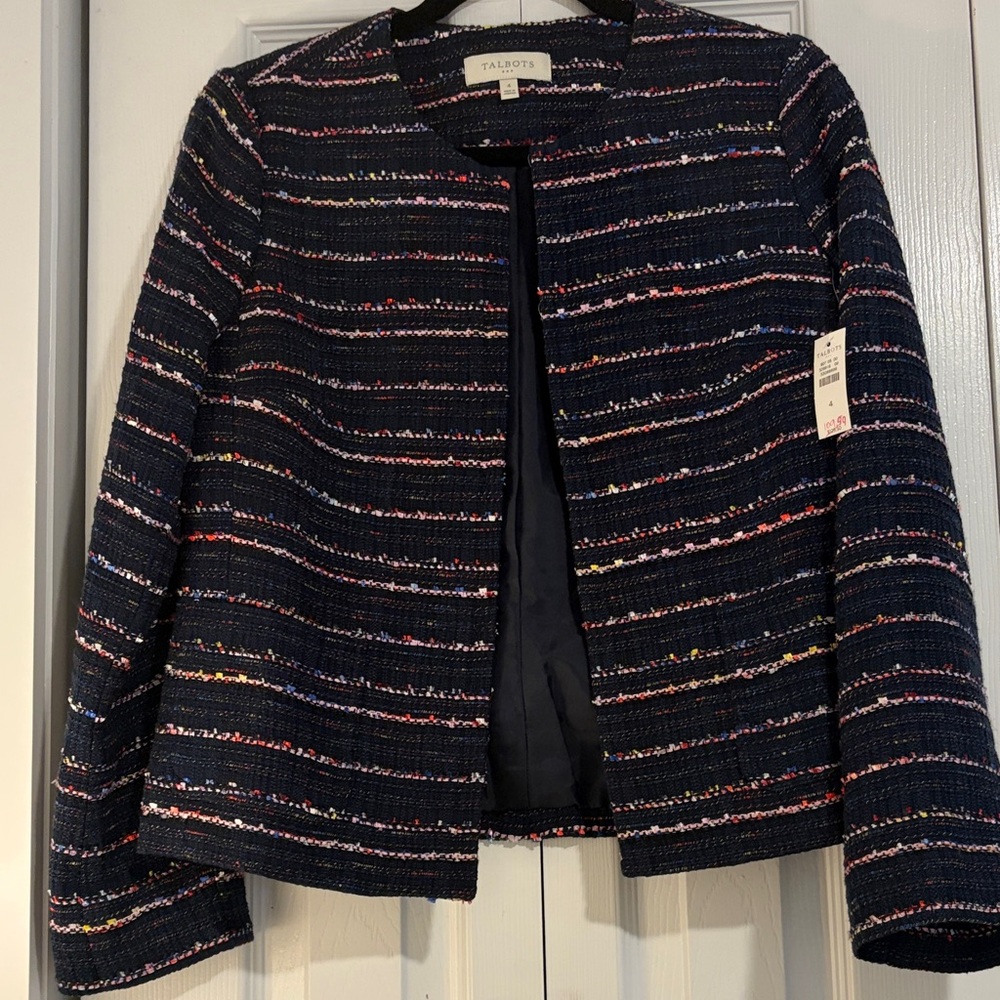 Talbots Navy Tweed Open-Front Jacket with Multicolor Stripe Detail